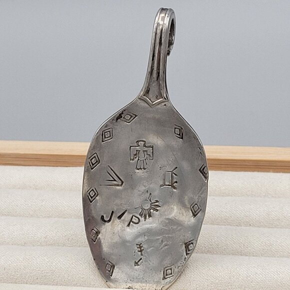 Wallingford Silver Spoon Pendant Aztec Stamped Thunderbird Arrow Length 3" - Picture 5 of 8